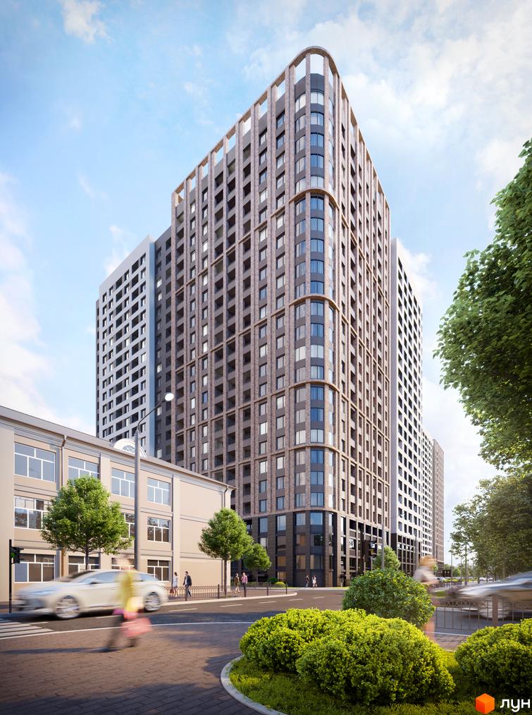 Зовнішній вигляд житлового комплексу Modern з цегляним фасадом та великими вікнами. Навколо комплексу зелені насадження та міська вулиця з автомобілем.