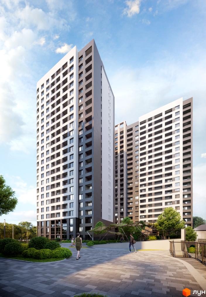 Зовнішній вигляд житлового комплексу Modern з двома висотними будинками та упорядкованою прибудинковою територією з зеленими насадженнями та місцями для відпочинку.