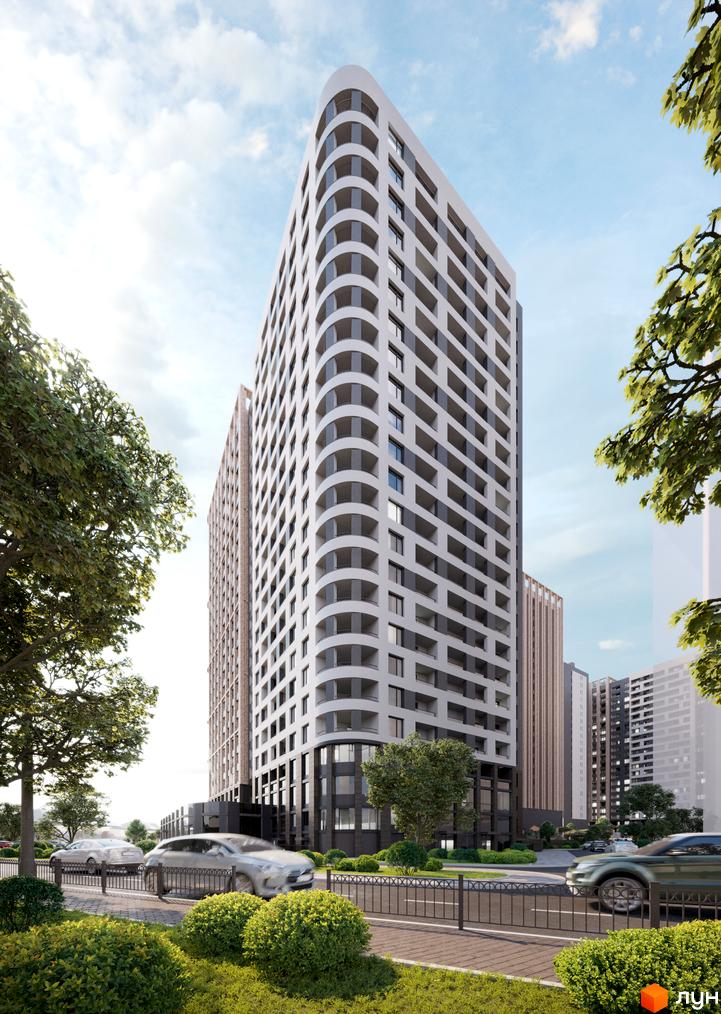 Житловий комплекс Modern – це висотна будівля з вигнутим фасадом та балконами, оточена зеленими деревами та кущами, з дорогою та автомобілями на передньому плані.