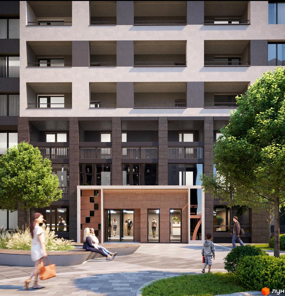 Будинок житлового комплексу Modern з балконами та вікнами на фасаді. Прибудинкова територія з деревами та лавками для відпочинку.