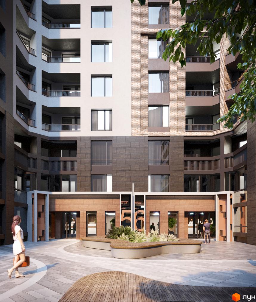 Житловий комплекс Modern – багатоповерховий будинок з балконами та різними фасадами. Прибудинкова територія з вимощеним двором та лавками.