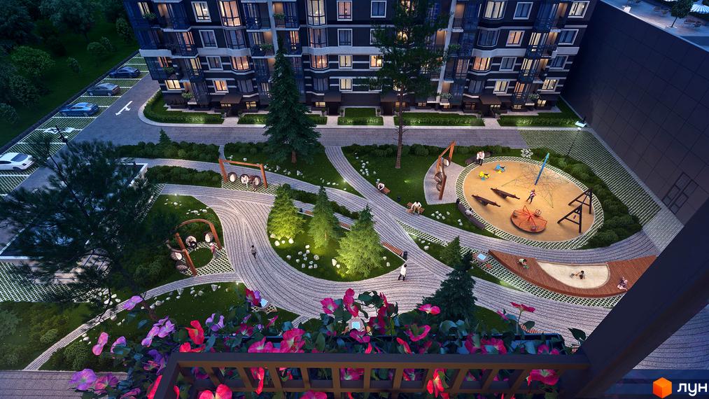 Зображення житлового комплексу Grand Bourget з виглядом на прибудинкову територію з дитячим майданчиком та озелененням. Вигляд зверху на будівлю.