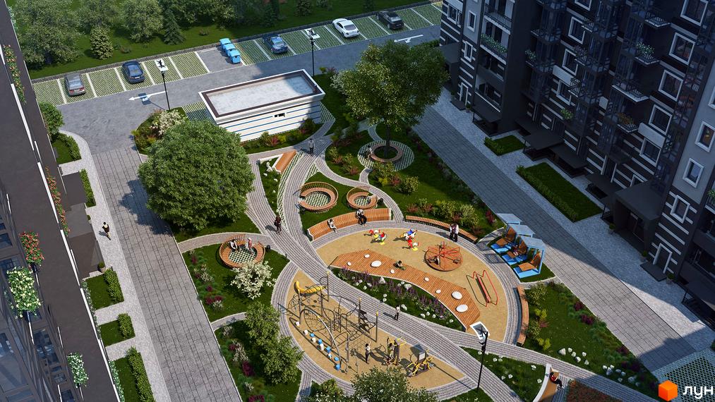 Вигляд зверху на Житловий комплекс Grand Bourget з облаштованою прибудинковою територією: дитячий майданчик, лавки для відпочинку, озеленення. Парковка для автомобілів.