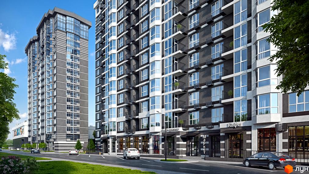 Житловий комплекс Гранд Бурже: високі будинки з темно-сірим фасадом, великими вікнами та комерційними приміщеннями. Поруч дорога та зелені насадження.