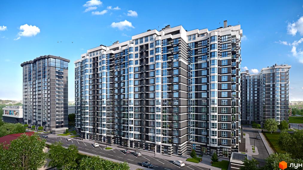 Зображення багатоповерхового будинку в Житловому комплексі Гранд Бурже. На фото видно фасад будинку та прибудинкову територію.