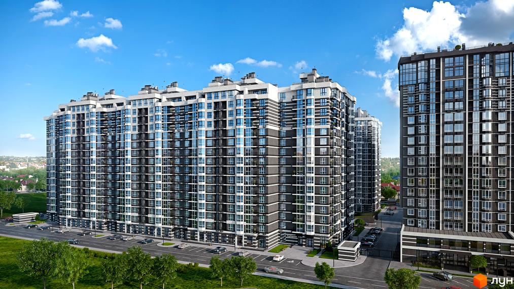 Зображення багатоповерхового будинку в Житловому комплексі Гранд Бурже. На передньому плані видно зелені насадження та припарковані автомобілі.