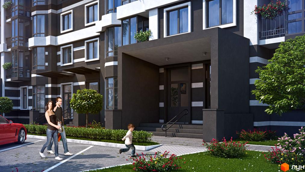 Зображення фасаду будинку в Житловому комплексі Гранд Бурже. На передньому плані прибудинкова територія з газоном та квітами.