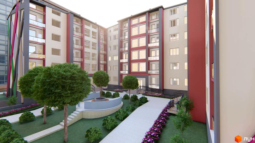 Житловий комплекс Сонячні Пагорби. Фасад будинку з червоними та бежевими елементами, скляними балконами. Прибудинкова територія з зеленими деревами та квітами.