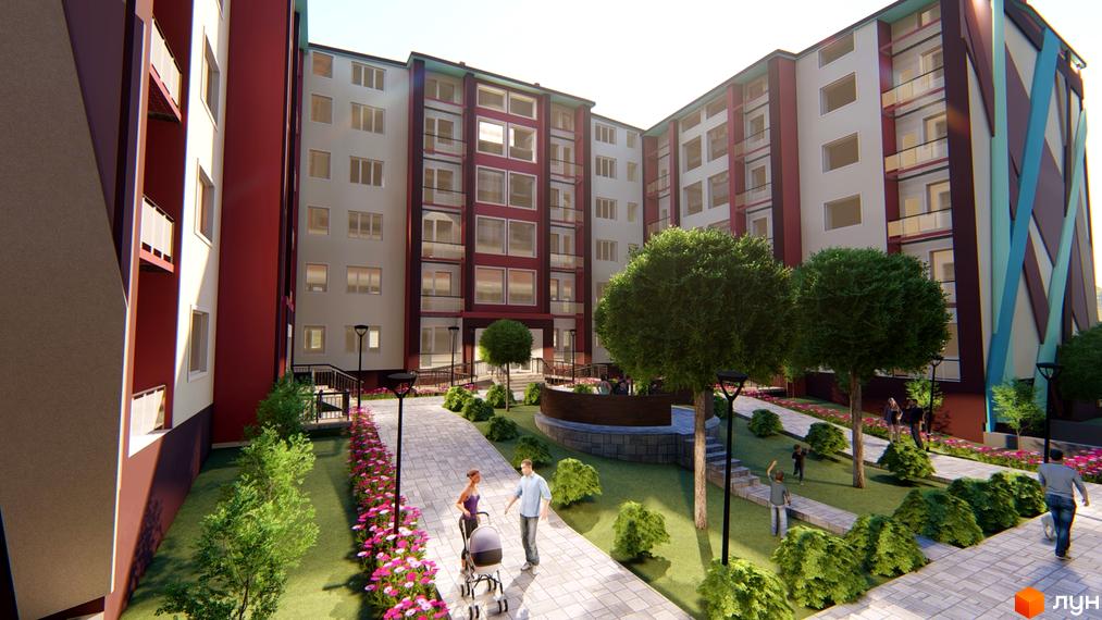 Зображення фасаду та прибудинкової території Житлового комплексу Сонячні Пагорби. На подвір'ї пішохідні доріжки, газони та дерева.