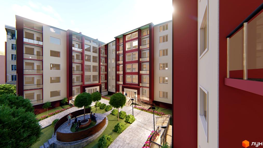 Зображення Житлового комплексу Сонячні Пагорби з виглядом на внутрішній двір та багатоповерхові будинки.