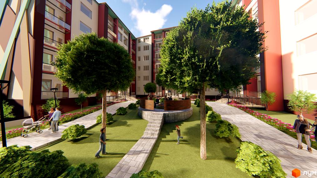 Зображення фасаду та прибудинкової території Житлового району Сонячні Пагорби. На території є зелені насадження та пішохідні доріжки.