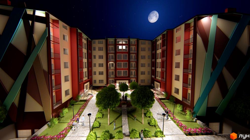 Житловий комплекс Сонячні Пагорби. Зовнішній вигляд будинку з контрастним фасадом та прибудинковою територією з деревами та квітами.