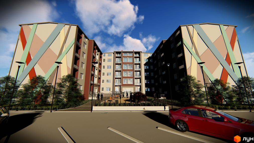 Зображення фасаду та прибудинкової території Житлового комплексу Сонячні Пагорби. На передньому плані парковка та червоне авто.