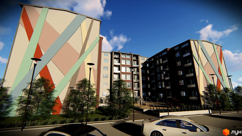 Житловий комплекс Сонячні Пагорби має фасади з геометричним візерунком та прибудинкову територію з деревами та дитячим майданчиком.