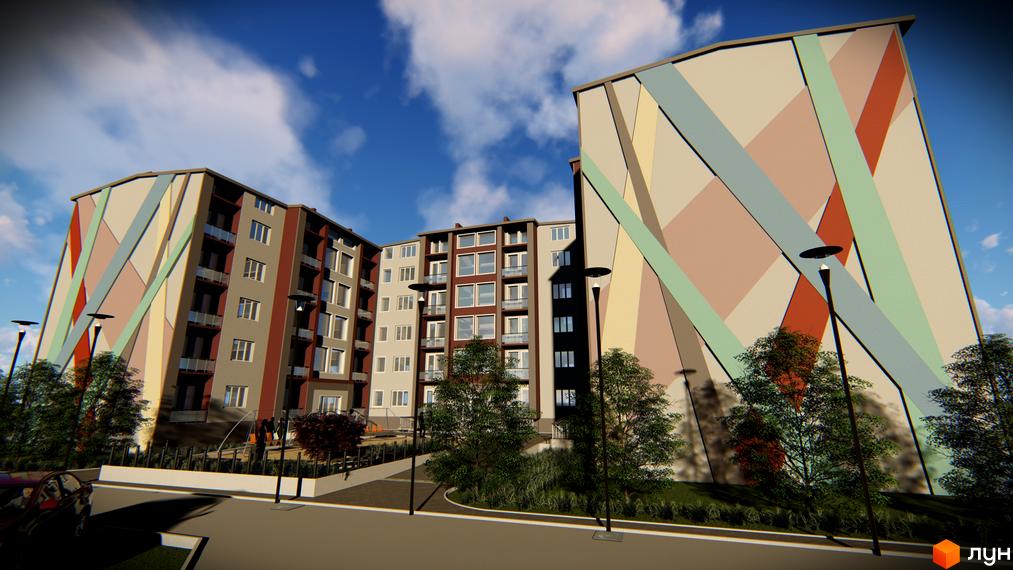 Будівельний проєкт Сонячні Пагорби з яскравим фасадом та прибудинковою територією з деревами та освітленням.