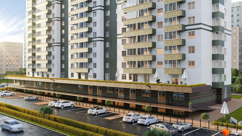 Зображення фасаду та прибудинкової території Житлового комплексу Набережний. Багатоповерховий будинок з паркінгом та озелененням.