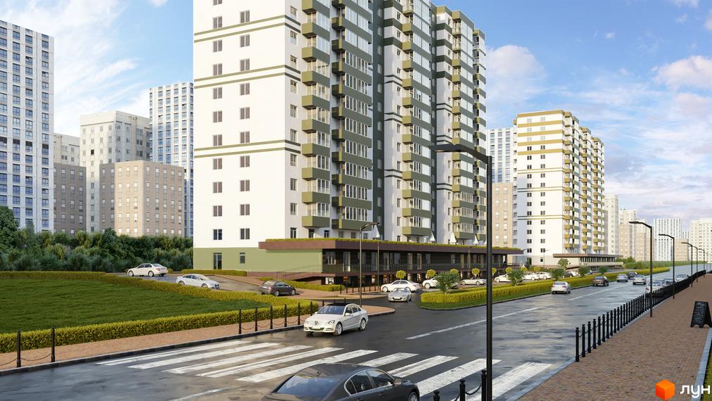 Зображення фасаду та прибудинкової території Житлового комплексу Набережний. Багатоповерховий будинок з балконами, дорога, тротуар та зелені насадження.