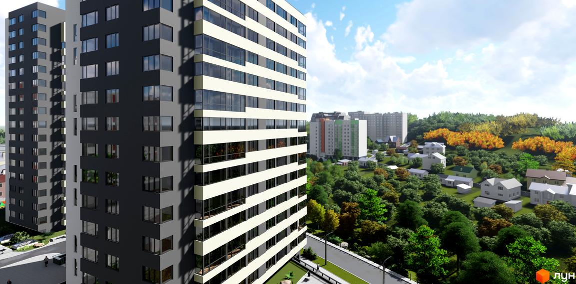 Житловий комплекс Strim Towers: високі будинки з сіро-білими фасадами та великими вікнами на тлі зелених пагорбів і приватної забудови.