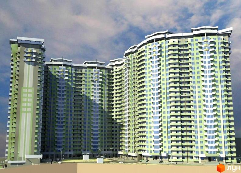 Зображення фасаду Житлового комплексу на просп. Відрадний, 4. Багатоповерхова будівля з балконами та великими вікнами.