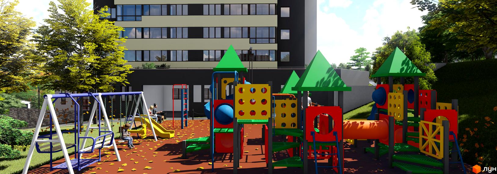 Зображення дитячого майданчика біля Житлового комплексу Strim Towers. На фото видно багатоповерховий будинок та ігрові конструкції для дітей.