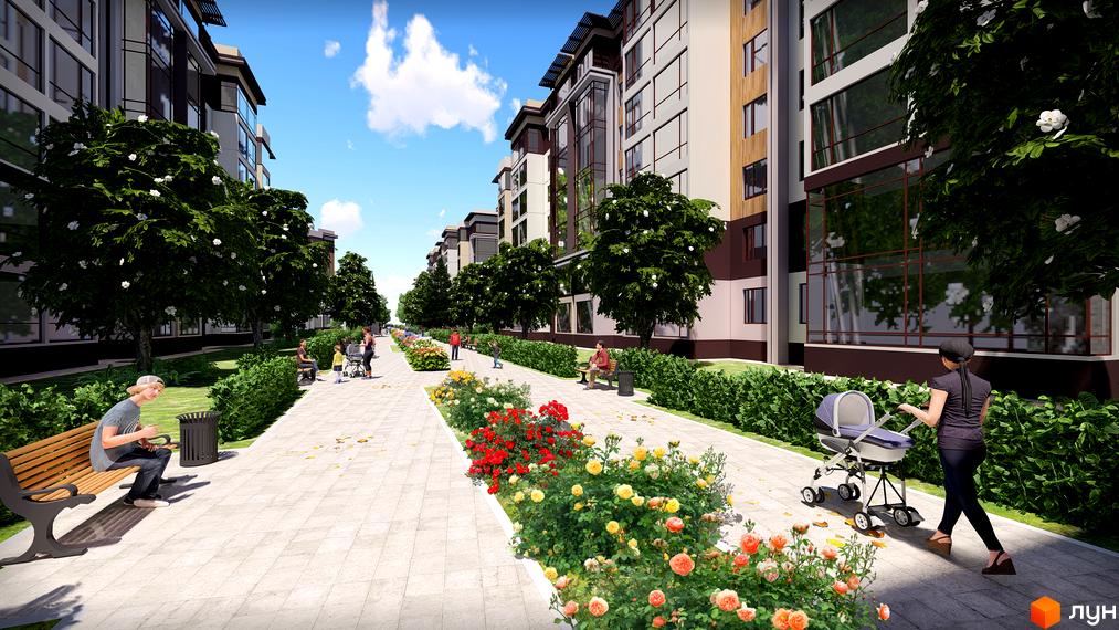 Житловий комплекс RosenTal: багатоповерхові будинки зі світлими фасадами та великими вікнами. Довга алея з зеленими насадженнями та яскравими клумбами.