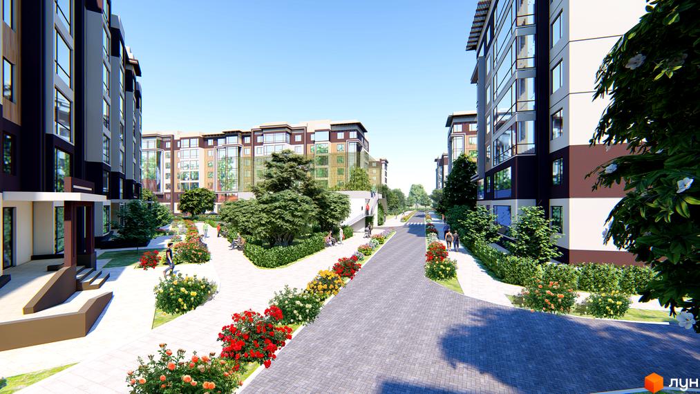 Житловий комплекс RosenTal: будинки з коричневими та світлими фасадами, великими вікнами. Прибудинкова територія з доріжками, квітами та деревами.