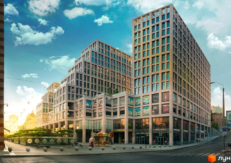 Житловий комплекс Cascade Plaza з сучасними фасадами та великими вікнами. Прибудинкова територія озеленена, з дитячими майданчиками та зонами відпочинку.