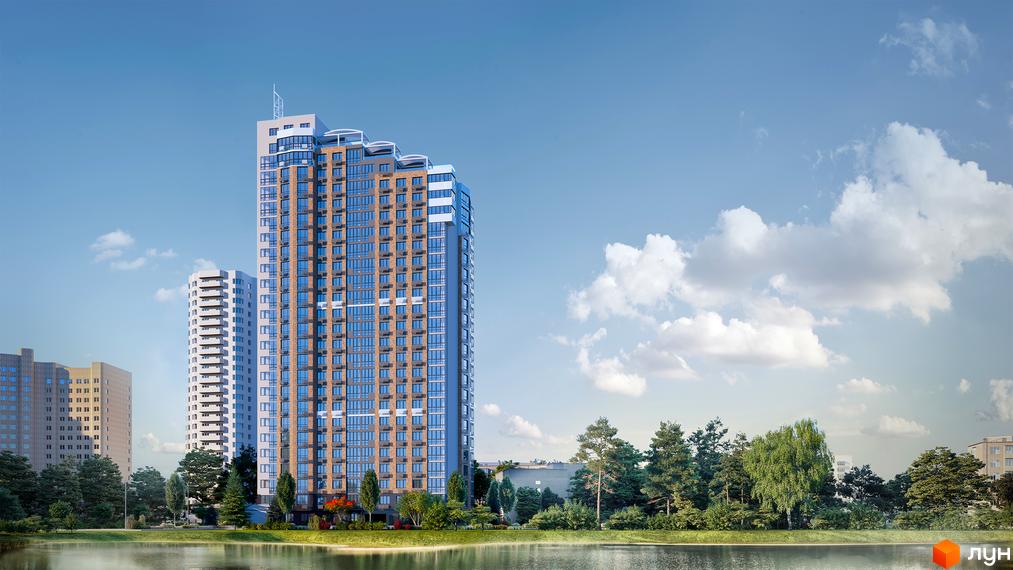 Висотна новобудова ЖК LAKE HOUSE з великою кількістю вікон на фоні озера та зелені. Ефектний житловий комплекс з панорамними видами.
