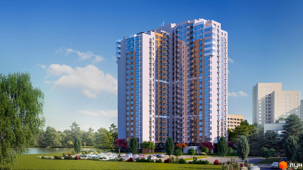 Висотна новобудова ЖК LAKE HOUSE з великою кількістю вікон. На території будинку є парковка, зелені насадження та водойма.