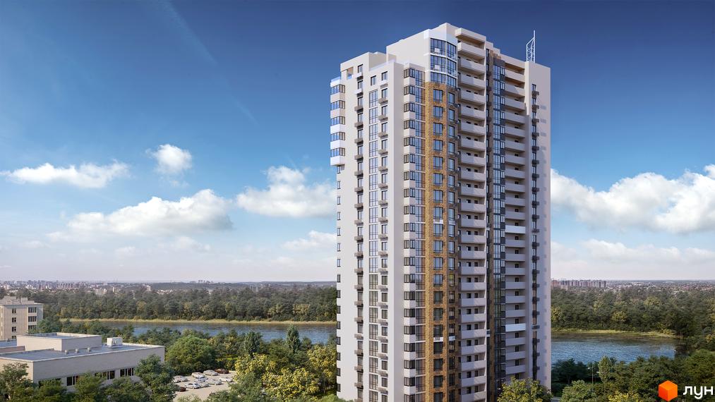 Висотна будівля ЖК LAKE HOUSE на фоні блакитного неба з хмарами. Поруч видно річку та зелені насадження.