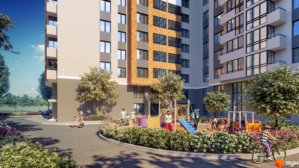 Житловий комплекс LAKE HOUSE з дитячим майданчиком та озелененням. Архітектура з використанням цегли та великими вікнами.