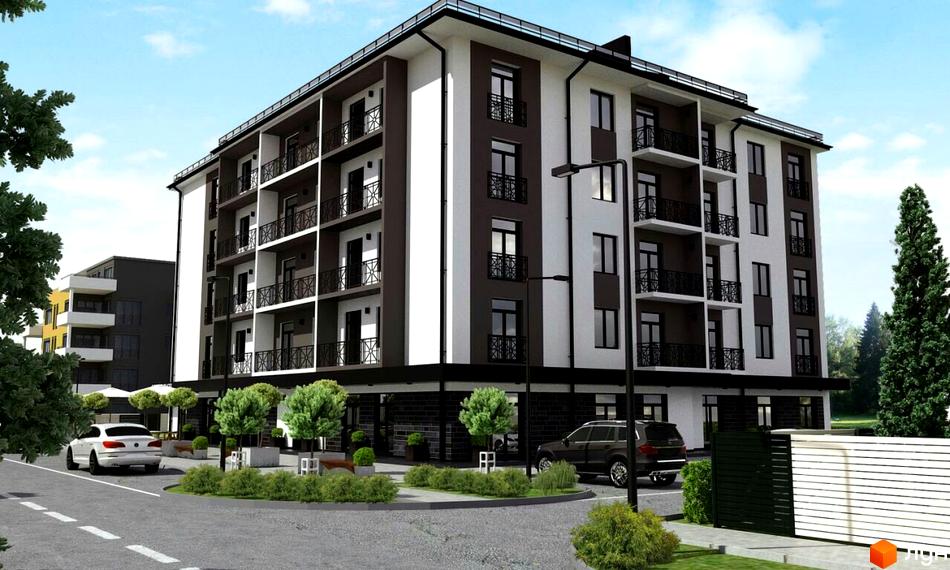 Житловий комплекс Сольво – сучасна новобудова з балконами та паркінгом. Прибудинкова територія з деревами та автомобілями.
