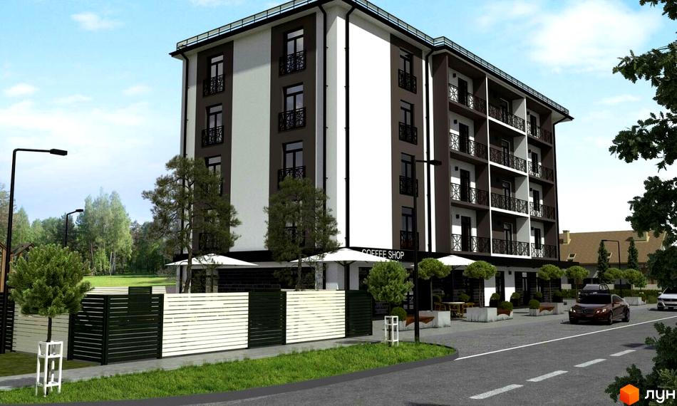 Житловий комплекс Сольво. Зовнішній вигляд п'ятиповерхового будинку з балконами та вікнами, прибудинкова територія з парканом та деревами.