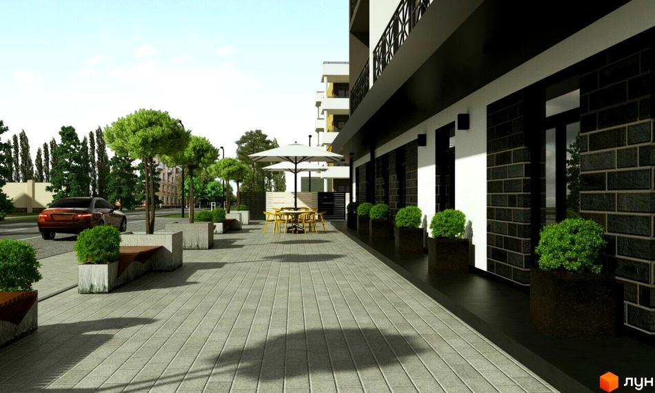 Житловий комплекс Сольво: фасад будинку з чорною цеглою та білими колонами, облаштована прибудинкова територія з деревами та місцями для відпочинку.