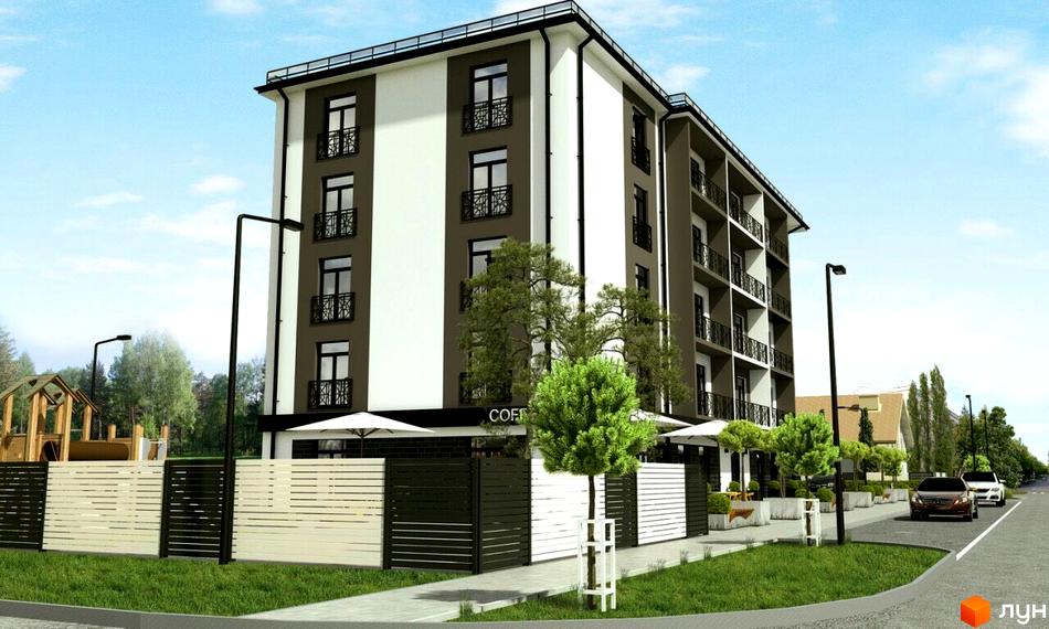 Будівельний проєкт Сольво з фасадом біло-коричневого кольору та балконами з кованими решітками. На прибудинковій території розташовані дитячий майданчик та зелені насадження.