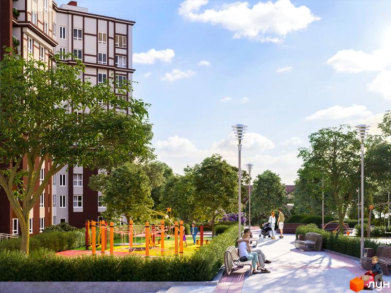 Житловий комплекс Мюллер Хаус. Висотна будівля з великими вікнами та коричневими вставками. На території комплексу дитячий майданчик, лавки та зелені насадження.