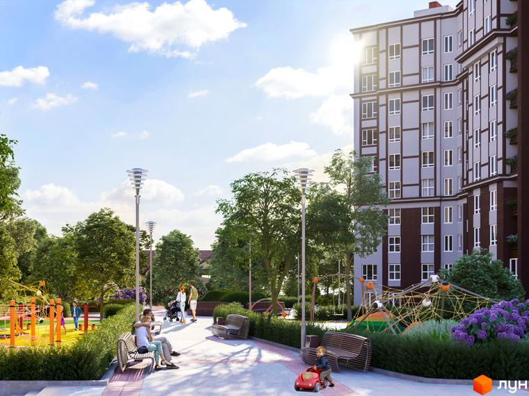 Житловий комплекс Müller Haus з сучасним дизайном фасаду. На території комплексу дитячий майданчик, лавки для відпочинку та зелені насадження.