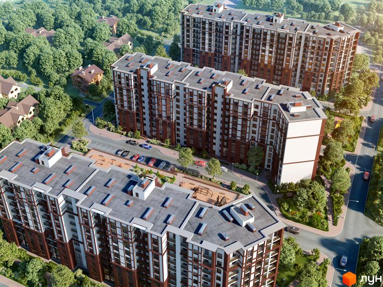 Житловий комплекс Мюллер Хаус. Високі будинки з коричневими фасадами та світлими вставками. На прибудинковій території є парковка та зелені насадження.