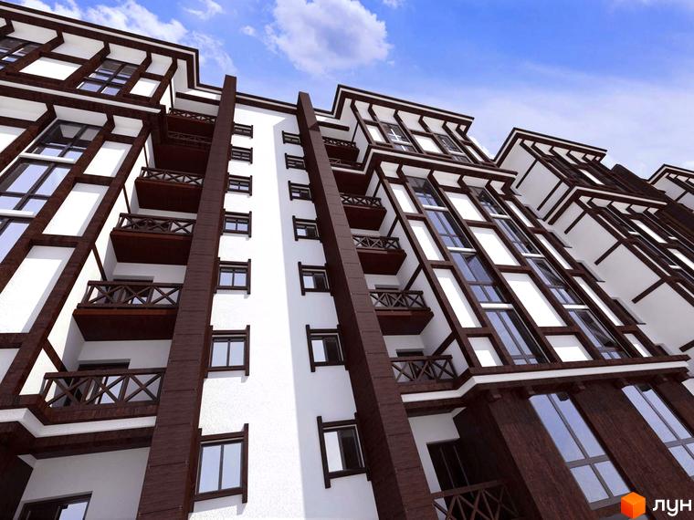 Житловий комплекс Мюллер Хаус з балконами та панорамними вікнами. Фасад будинку виконаний у світлих тонах з дерев'яними елементами.