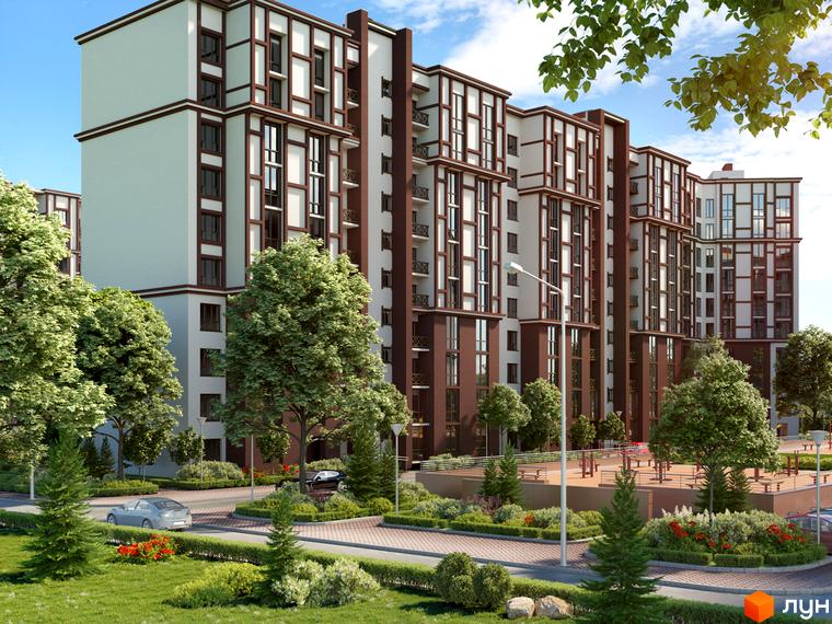 Житловий комплекс Мюллер Хаус. Висотна будівля з великими вікнами та балконами. На прибудинковій території зелені насадження, доріжки та місця для відпочинку.