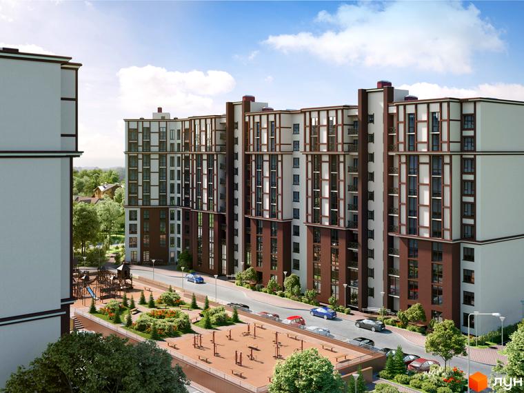 Багатоповерховий будинок ЖК Мюллер Хаус з коричневими та білими фасадами. На прибудинковій території є дитячий майданчик, зелені насадження та парковка для автомобілів.