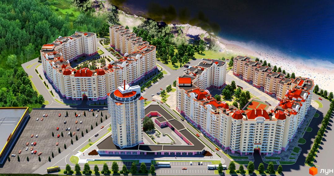 Житловий комплекс Рів'єра - це сучасні багатоповерхові будинки з червоними дахами та великою кількістю балконів. Територія комплексу облаштована парковкою та зеленими насадженнями.