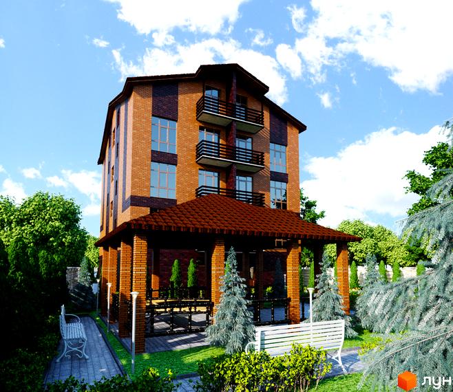 Клубний будинок Family Garden з цегляним фасадом та балконами. На прибудинковій території розташовані лавки та зелені насадження.