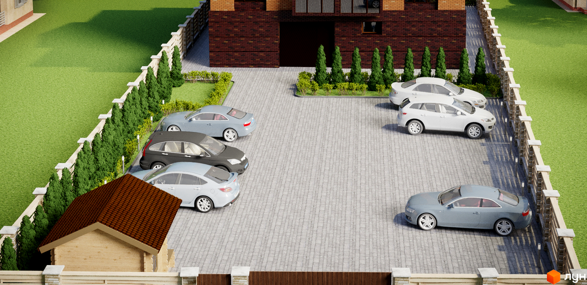 Клубний будинок Family Garden з цегляним фасадом та парковкою з автомобілями на бруківці. Територія огороджена парканом, поруч зелений газон та туї.