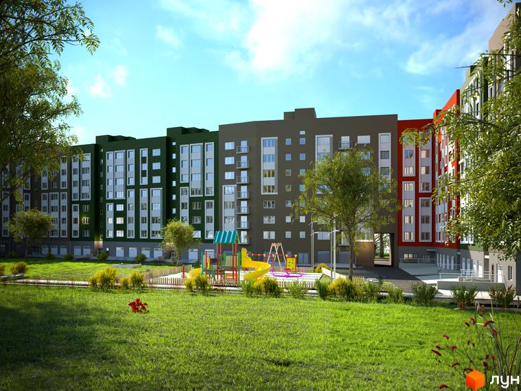 Житловий комплекс Гетьманський - це сучасна новобудова з яскравими фасадами та доглянутою прибудинковою територією з дитячим майданчиком.