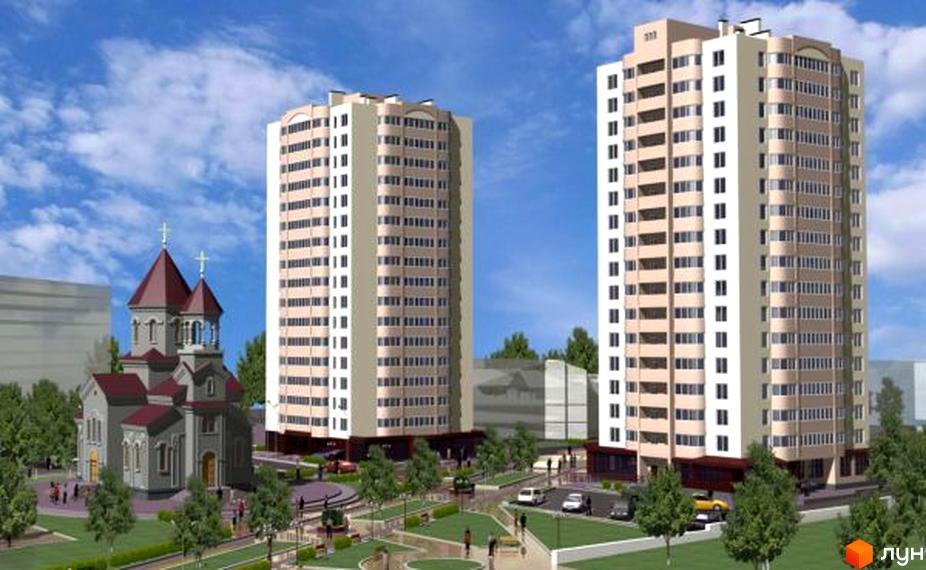 Новобудова на вул. Припортова (Героїв Сталінграда), 22а. Сучасний житловий комплекс з двома висотними будинками та церквою поруч, упорядкована прибудинкова територія з зеленими насадженнями та місцями для відпочинку.