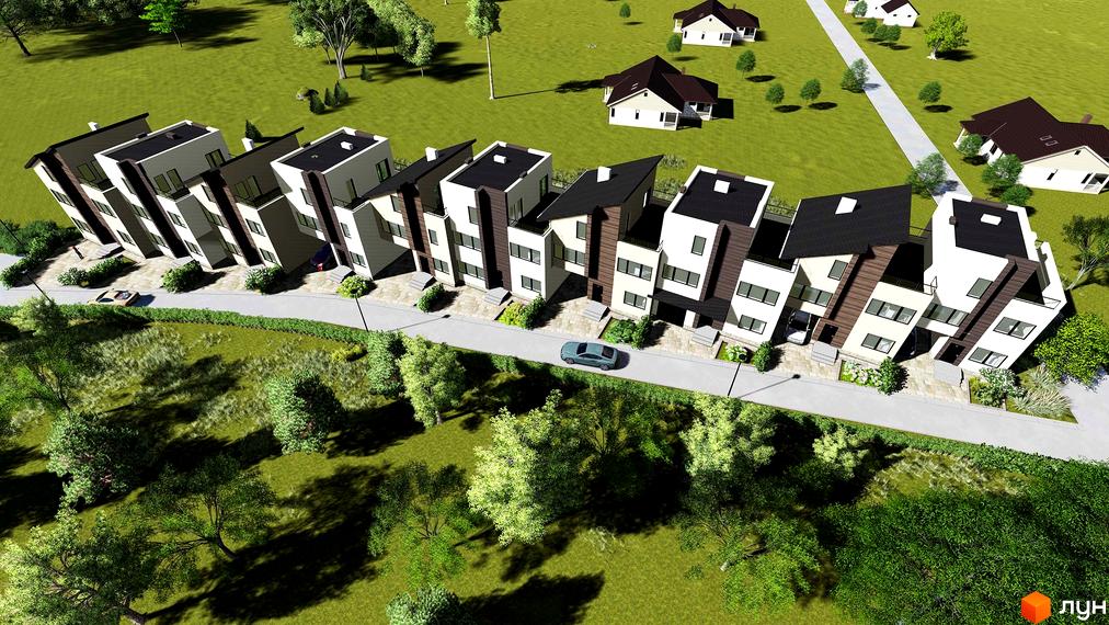 Сучасні таунхауси Бережанский з оригінальною архітектурою та доглянутою прибудинковою територією. Зелені насадження та доріжки оточують житловий комплекс.