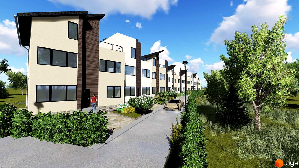 Таунхауси „Бережанский“: двоповерхові будинки світло-бежевого кольору з коричневими елементами та великими вікнами, розташовані вздовж доглянутої алеї з деревами та кущами.