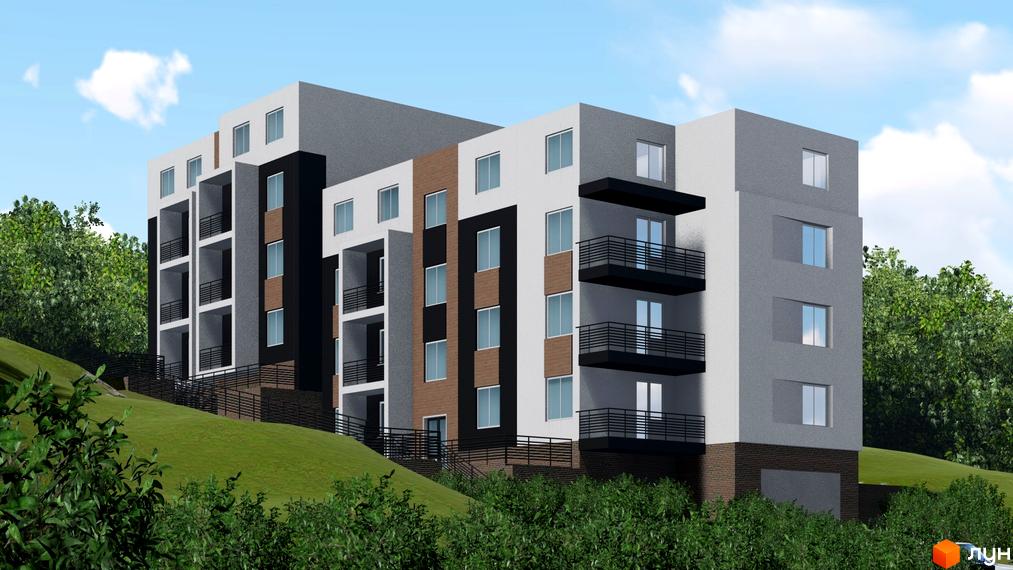 Зовнішній вигляд житлового комплексу Подих Природи з балконами та вікнами, розташованого на схилі пагорба серед зелені.