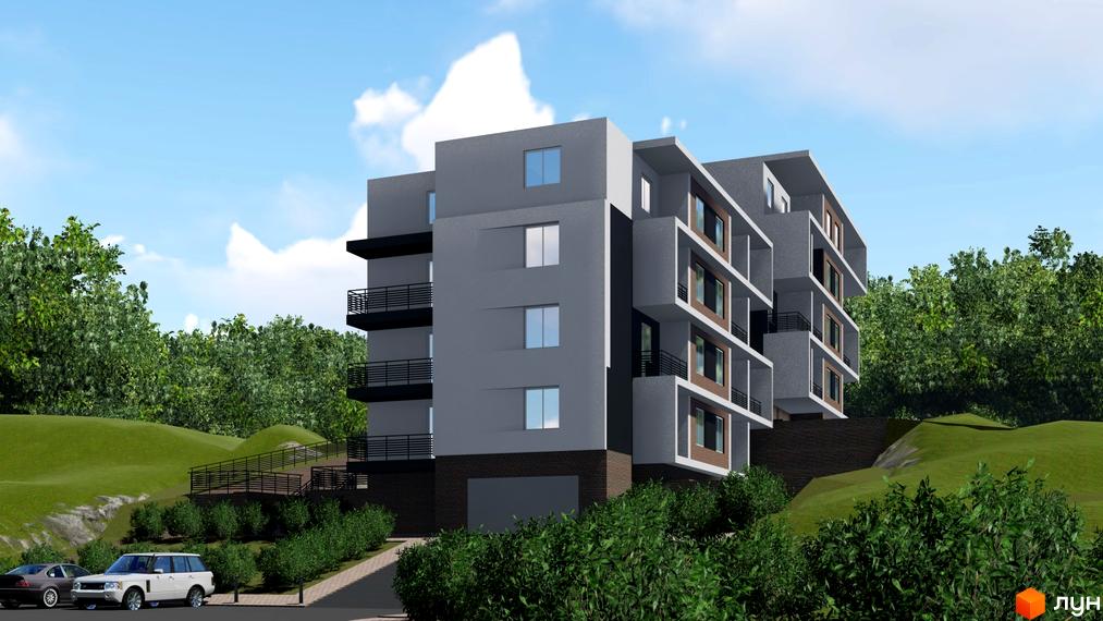 Житловий комплекс Подих Природи - це сучасна новобудова з балконами та панорамними вікнами, розташована серед зелених пагорбів та дерев.